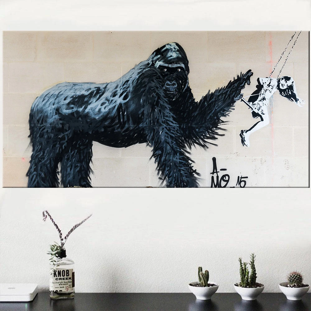 

Canvas Poster Gorilla Girl Swing Graffiti Painting on Canvas Cuadros Posters and Prints Wall Art Picture for Living Room Decor