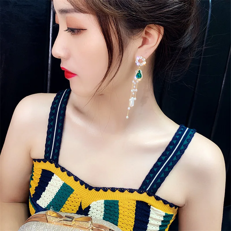 FYUAN Long tassel Green Crystal Asymmetry Earrings Korean Transparent Water Drop for Women Wedding Jewelry Gifts | Украшения и