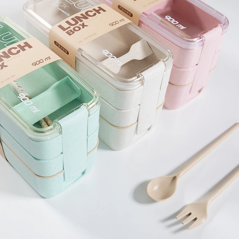 3 слоя 900 мл Портативный Ланч бокс набор здоровая Пшеничная солома Bento box для