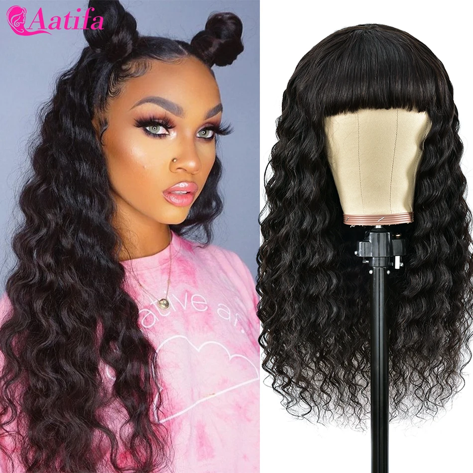 Human Hair Wigs With Bangs Full Machine Made Long 30 Inch Peruvian Loose Deep Remy Hair Wig 180 Density Pre Plucked Aatifa Wigs