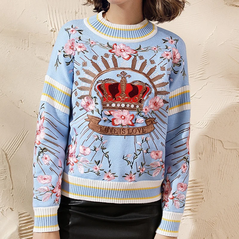 Женский свитер с цветочной вышивкой теплый пуловер полувысоким воротником в
