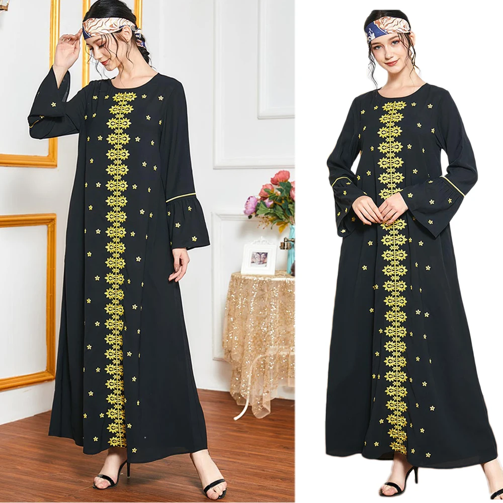 Женское длинное платье с вышивкой, мусульманское, этническое, винтажное, с расклешенными рукавами, арабское, джилбаб, Рамадан, турецкое, мак...