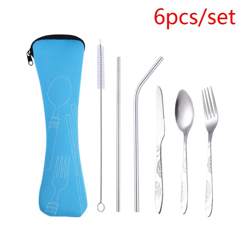 light blue 6pcs 3 шт./6 шт./компл. Портативный Нержавеющая сталь набор столовых приборов цветок картина вилка ужин набор посуды домашней утвари посуды сумка - Цвет: light blue 6pcs