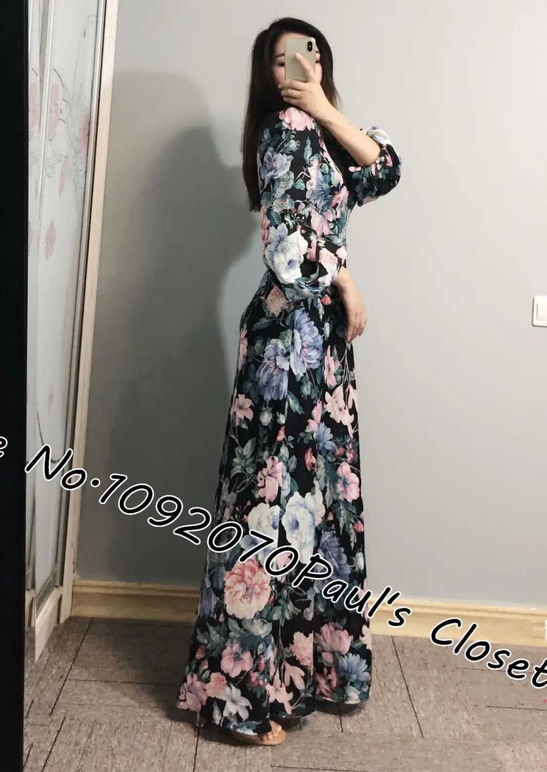 Женское длинное льняное платье макси с цветочным принтом и рукавами-баллонами |