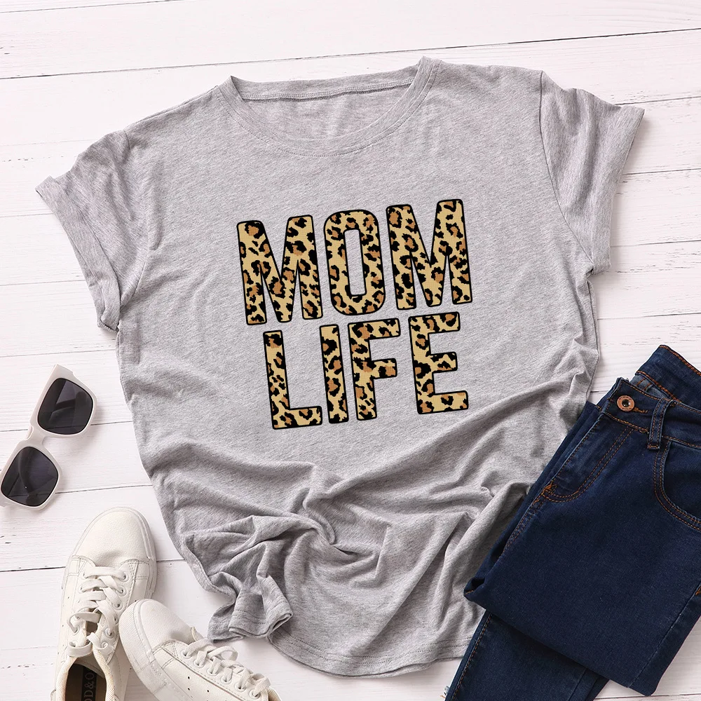 

Woman Tshirt Leopard Mom Life Letter Print Cotton T Shirt Oversized Women Summer Short Sleeve Tee Loose Casual Lady Tops Clothes