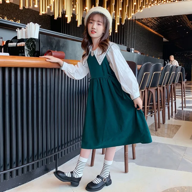 

Girls Set Spring Autumn Boutique Kids Clothing Suit Shirts + Overall Dress 2 Pcs Sets for 3-14 Y School Children Clothes