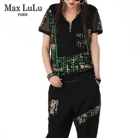 max lulu new fashion 2021 outfits women mesh spliced fitness two pieces sets girl printed drawstring tops and elastic harem pant