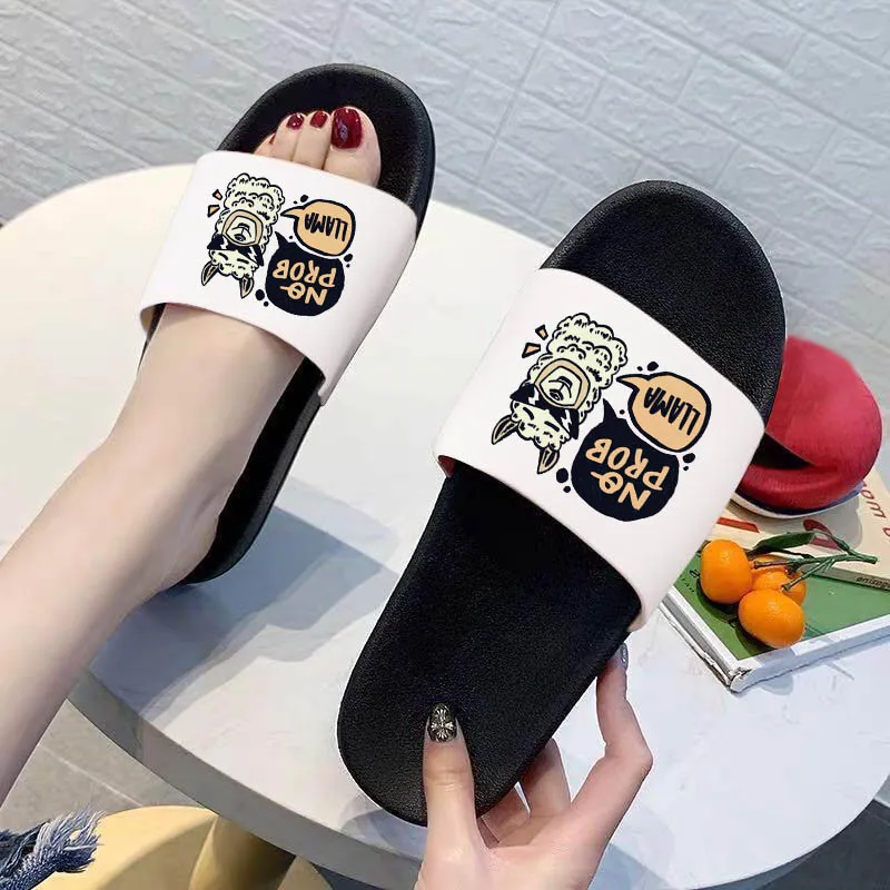 

2021 Women Slippers Kawaii Alpaca Animal Pattern Summer Beach Fashion Open Toe Sandals Comfortable Non-slip Shoes