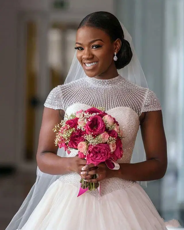 

African Country Wedding Dresses High Neck Lace Appliqued Beading Bridal Gowns Sweep Train Plus Size Ballgown Wedding Dress
