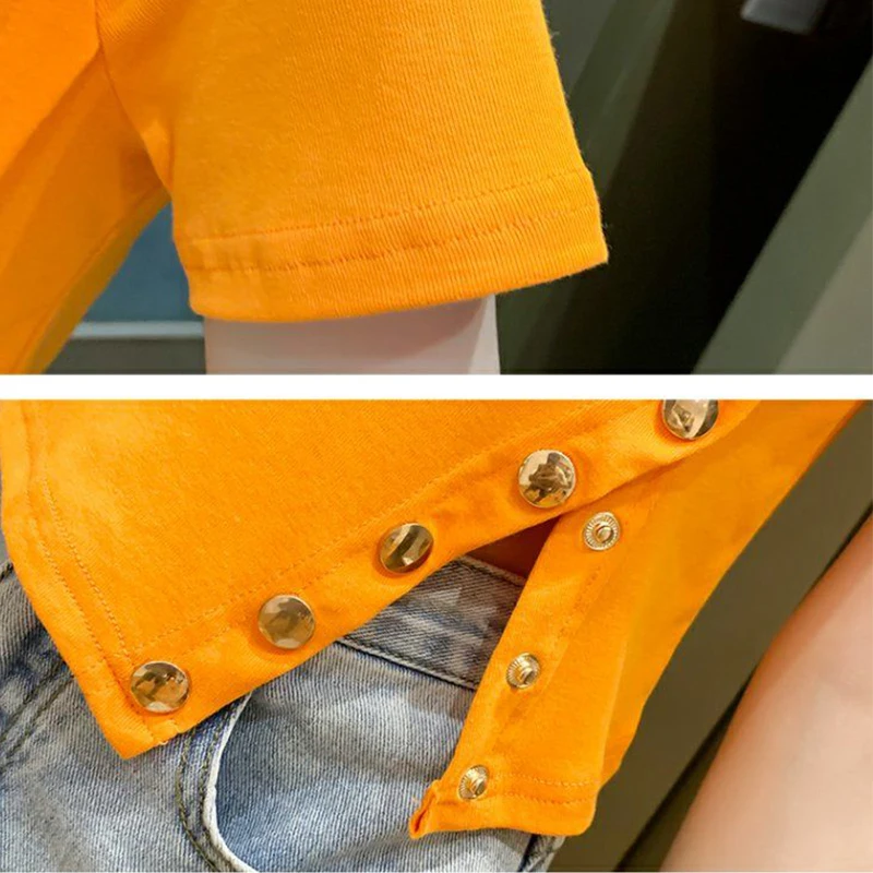 

Irregular Cotton T-Shirts for Women Short Sleeved Summer 2021 New Korean Slim Single Breasted Top Tide Black White Shirt Female