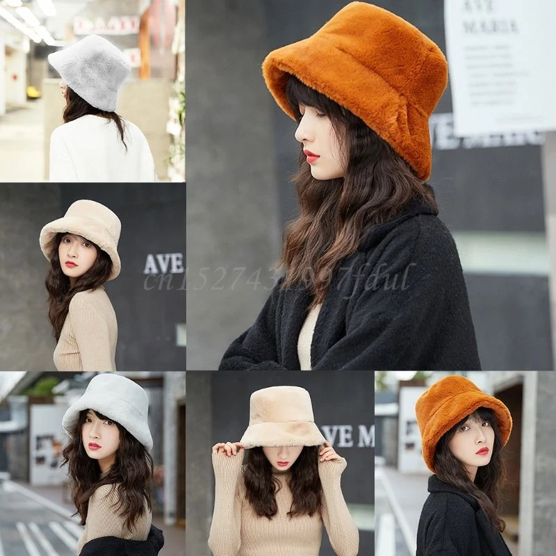 

Women Girls Winter Thickened Fluffy Plush Cap Plain Solid Color Wide Brim Sun Protection Packable Outdoor Fisherman Hat