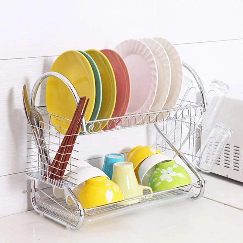 

Large Dish Drying Rack Cup Drainer 2-Tier Strainer Holder Tray Stainless Steel Kitchen Accessories FEA889