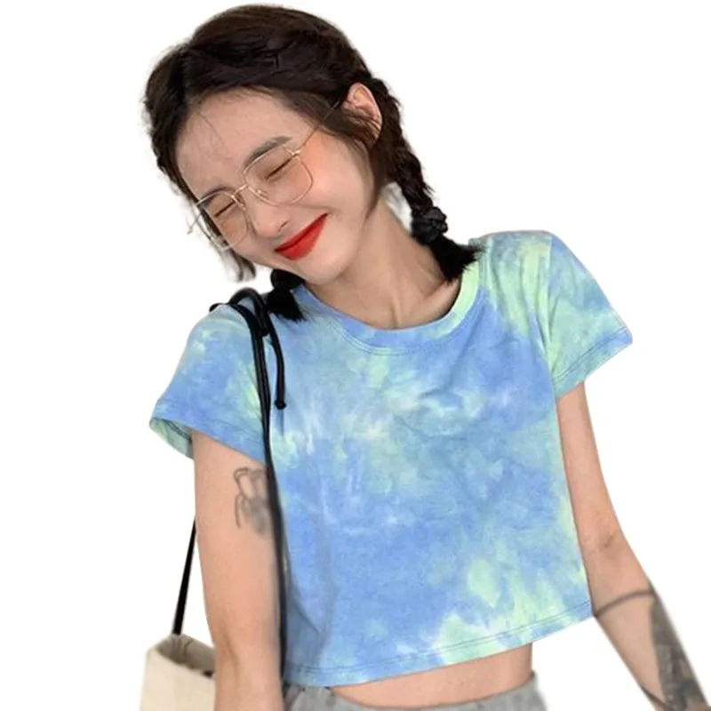 

Укороченный Топ женский, летний, с принтом тай-дай, футболки с коротким рукавом