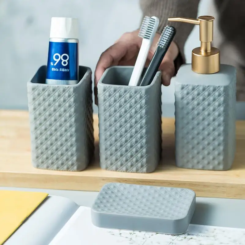 

3/4pcs Ceramic Bathroom Accessory Set Marble Washing Tools Bottle Mouthwash Cup Soap Toothbrush Bathroom Mouthwash Cup Soap Dish
