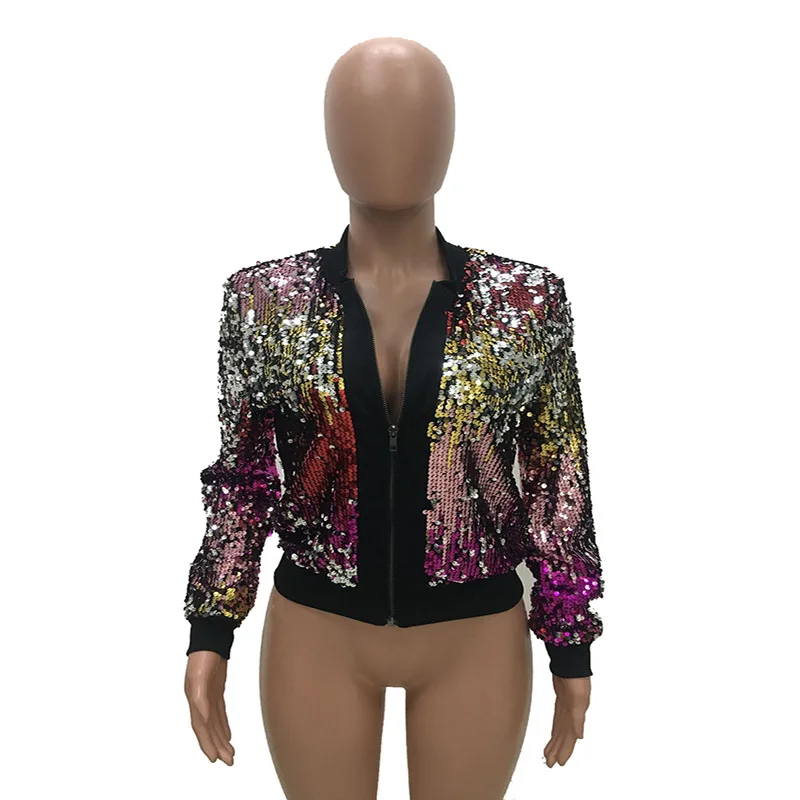 

Women Casual Red Gradient Color Sequined Bomber Jackets Zipper Beading Cardigan Dance Performance Glitter Crop Tops Jumpers