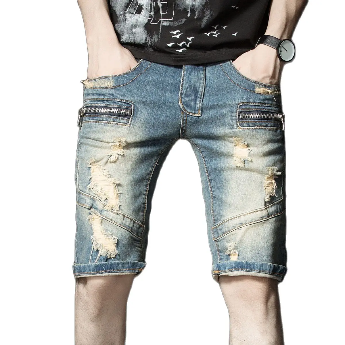 

Men's new summer straight pants Water washed zipper design shorts
