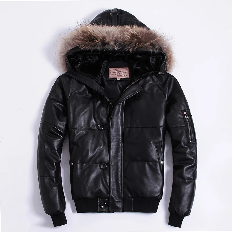 Мужской пуховик из натуральной овечьей кожи с натуральным мехом AVIREX Fly черное