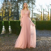 on sale 2021 new long prom party dresses blush pink sleeveless wedding guest gowns v neckline party gowns criss cross back