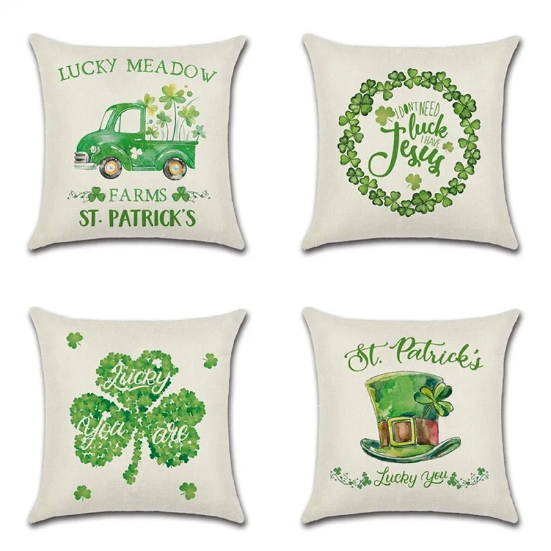 

Spring Green Clover Pillow Cushion Cover Happy St. Patrick's Day Decorative Pllowcase hat truck Cojines Party Supplies Gifts