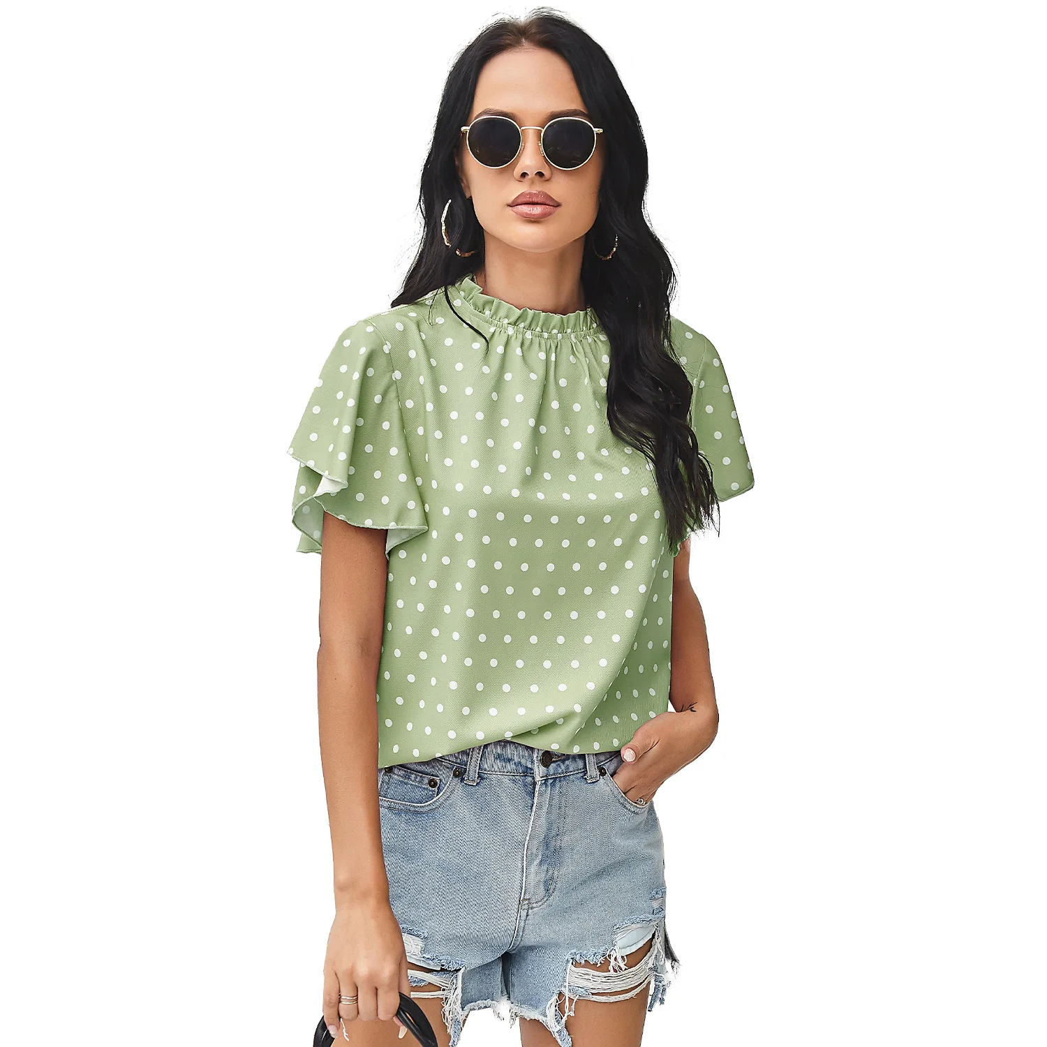 

Blouse Women Polka Dot Short Sleeve Collared Casual Womens Tops White Flying Sleeves Pullover Summer Shirts For Women t shirt