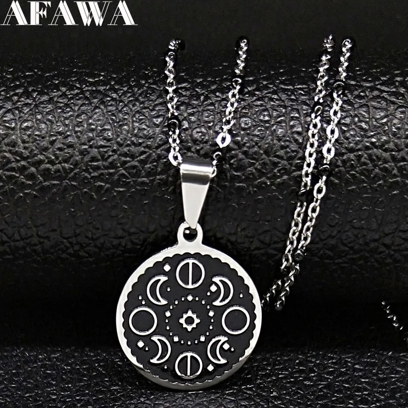 Fashion Lunar Cycle Moon Phase Stainless Steel Black Enamel Pendant Necklace Round Galaxy Necklace For Women Men Jewelry N1850S2