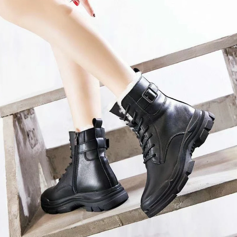 

ANNYMOLI Natural Wool Fur Flat Platform Motorcycle Boots Women Real Leather Snow Boots Buckle Zip Ankle Boots Lace Up Shoes 40