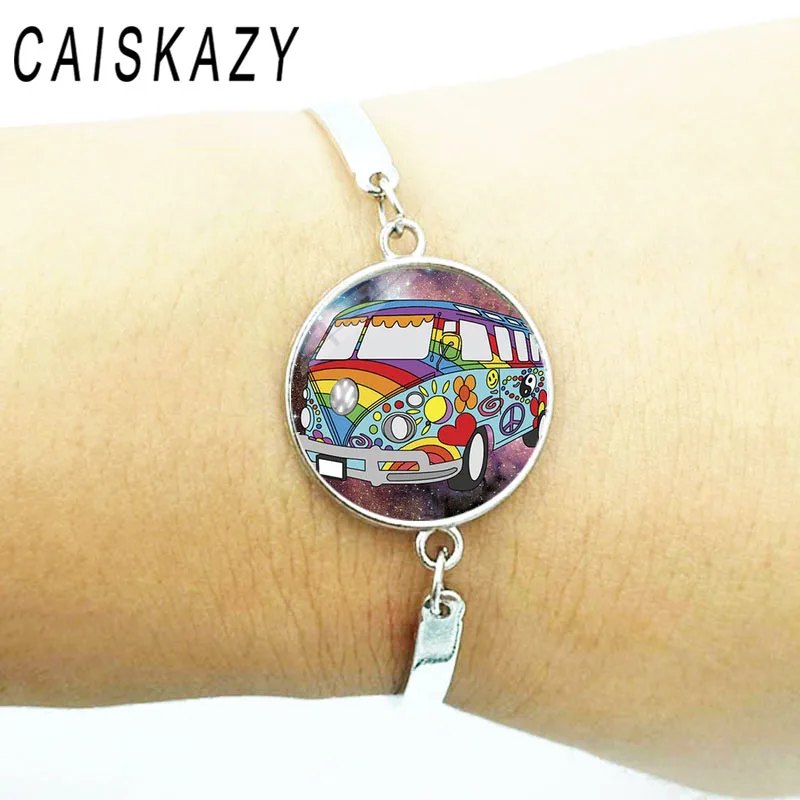 Креативный винтажный Hippie PEACE ЗНАК автобус стеклянный купол браслет из кабошона