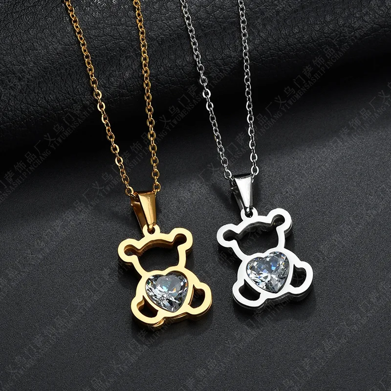 

Charm Love Cartoon Bear Stainless Steel Pendant Necklace AAA Cubic Zircon Heart Necklaces for Women Men Gift Bijoux