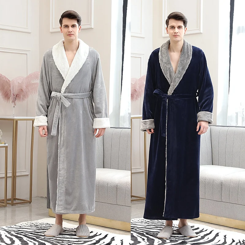 

Autumn And Winter Robes Plus Long Style Flannel Couple Nightgown Thick Lace-up Solid Color Long Home Robes