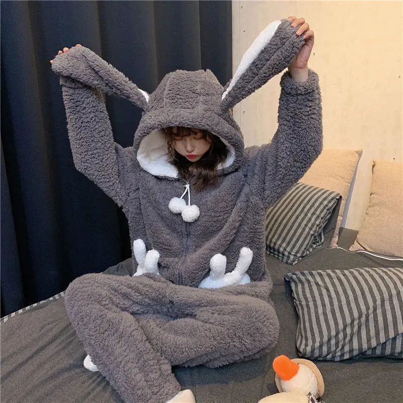 

One Piece Pajamas for Women In Autumn Winter Anime 2021 New Student's Lovely Thickened Plush Warm Hooded Lambhair Home Clothes