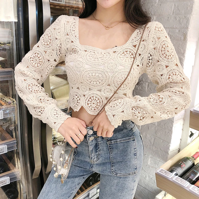 

lace fashion brand hollow out crop top women blouses square collar long sleeve shirts ladies blusas mujer de moda autumn new