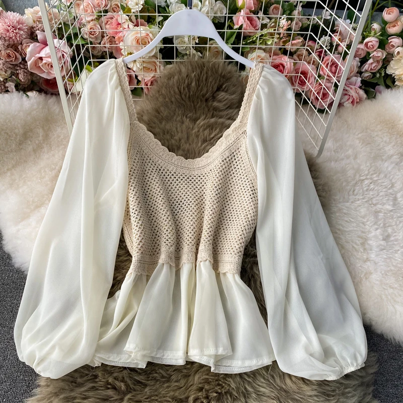 

Lace Hollow Out Women Chiffon Blouse Puff Sleeve OL Shirt Chic Korean Spring Autumn Embroidery Blusas Dropshipping