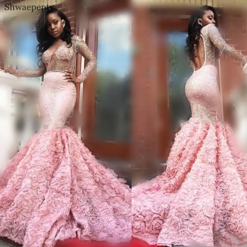 

Shwaepepty Sexy African Mermaid Formal Evening Dresses Full Sleeves Keyhole Back Floral Beads Long Prom Engagement Dress 2021