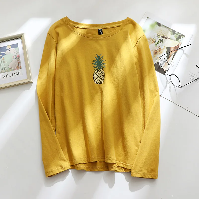 

Autumn and Winter New Cotton Long-Sleeved T-shirt Female Korean Style Fruit Base Shirt Loose round Neck Student plus Size Tops