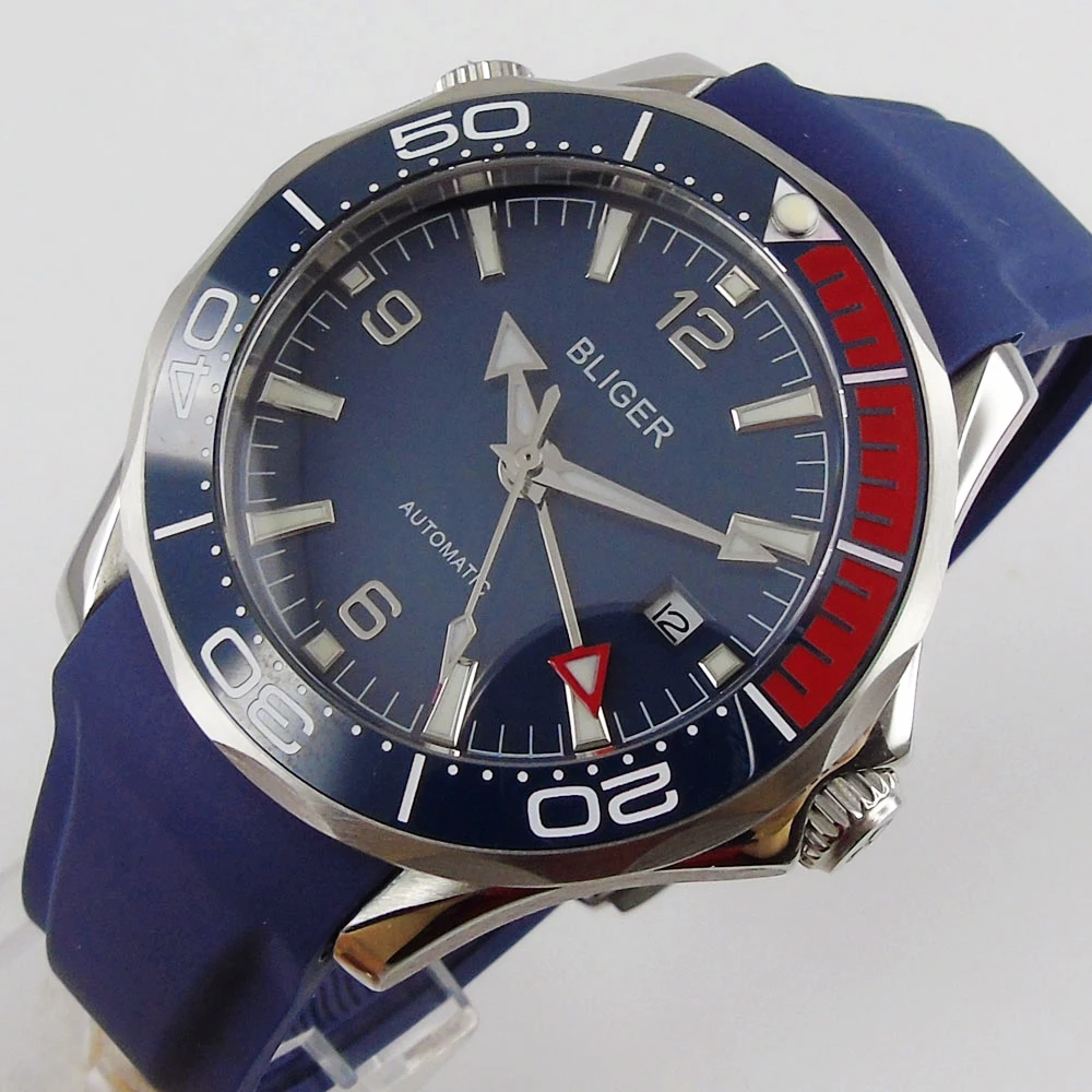 

New Blue 41mm GMT Movement Rubber Band Automatic Men Watch Rotating Bezel Sapphire Glass