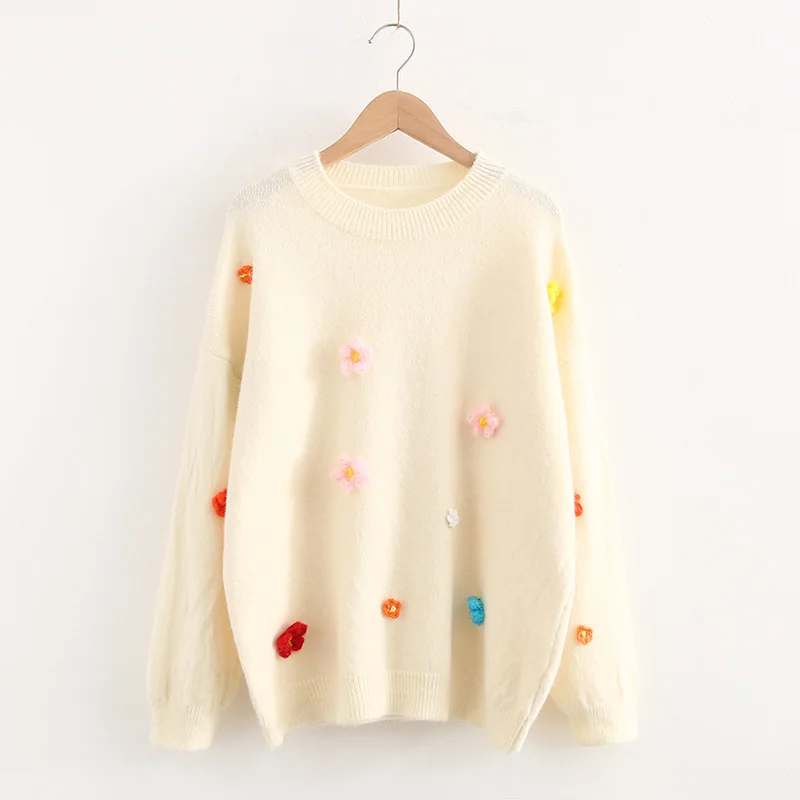 Женские свитера с вышивкой милые свободные пуловеры со стерео цветочным