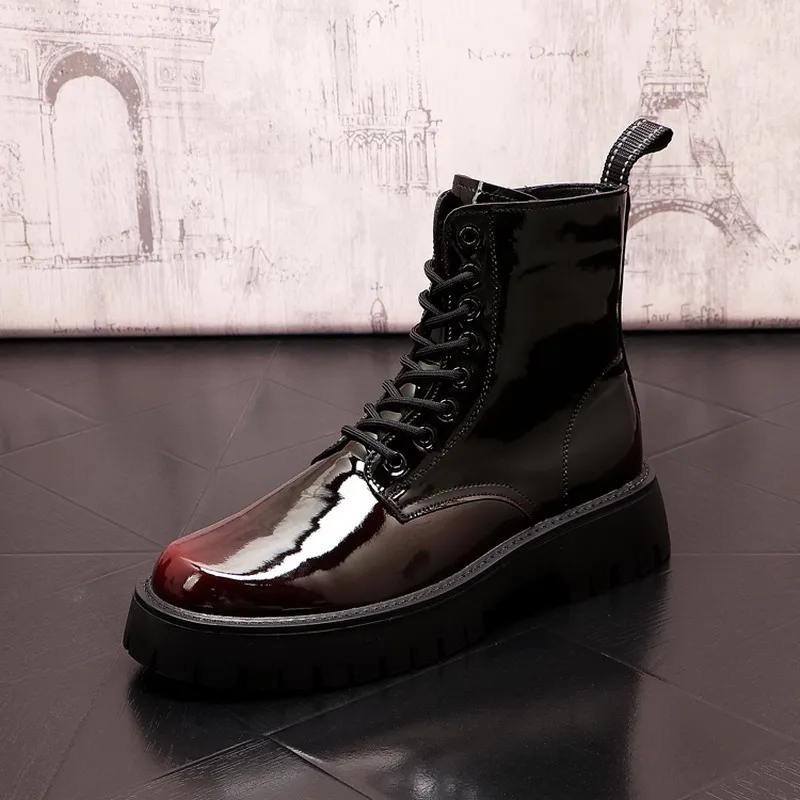 

Classic Mens Short Ankle Boots Patent Leather Brush Color Lace Up Male Motorcycle Botas Street Trending Leisure Shoes ERRFC