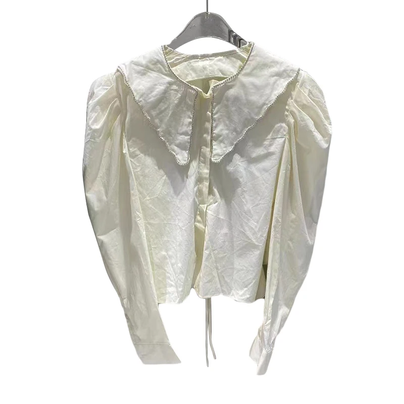 

GALCAUR Solid Sexy Backless Shirt For Women Lapel Puff Long Sleeve Patchwork Lace Up Loose Blouses Female Summer Clothing Style