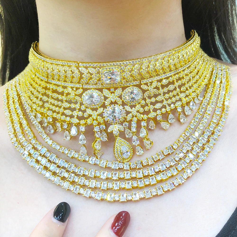 

Blachette Trendy High Quality Luxury Zircon Bracelet Ring Pendant Necklace Earrings 4PCS Dubai Women's Wedding Party Jewelry Set