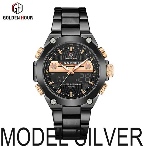 GOLDENHOUR спортивные военные кварцевые часы, мужские Аналоговые Цифровые часы с двойным циферблатом и золотым стальным ремешком, наручные часы с календарем - Цвет: OTHER MODEL SILVER