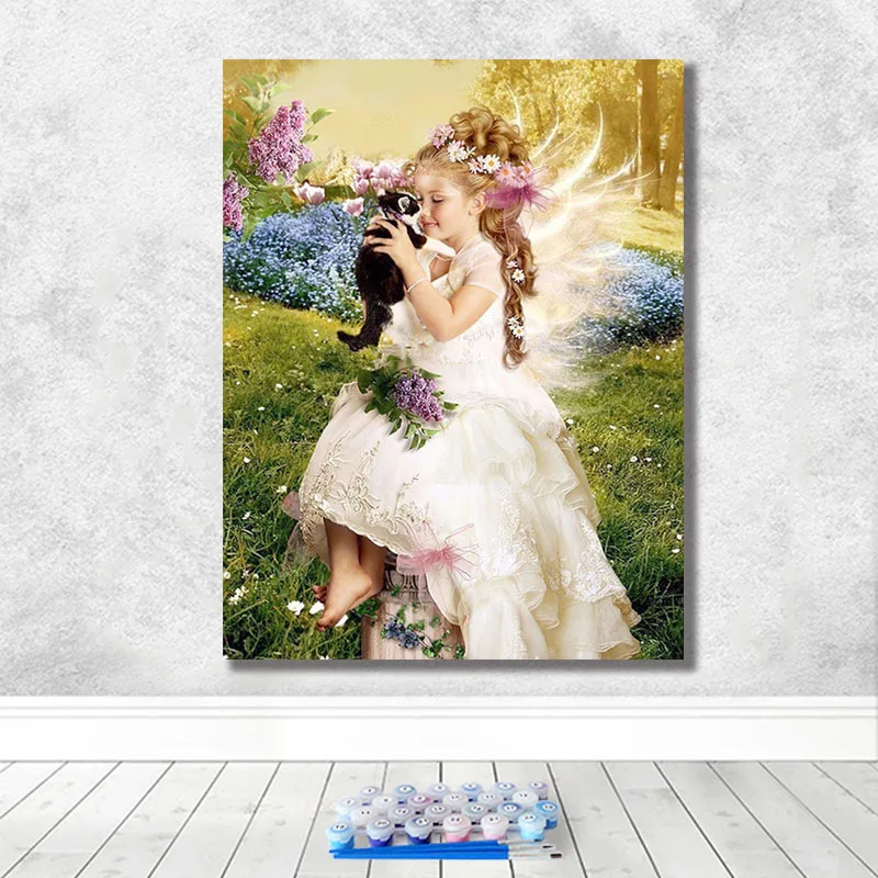 Полная круглая алмазная живопись кот Ангел девушка узор вышивка крестиком 5D