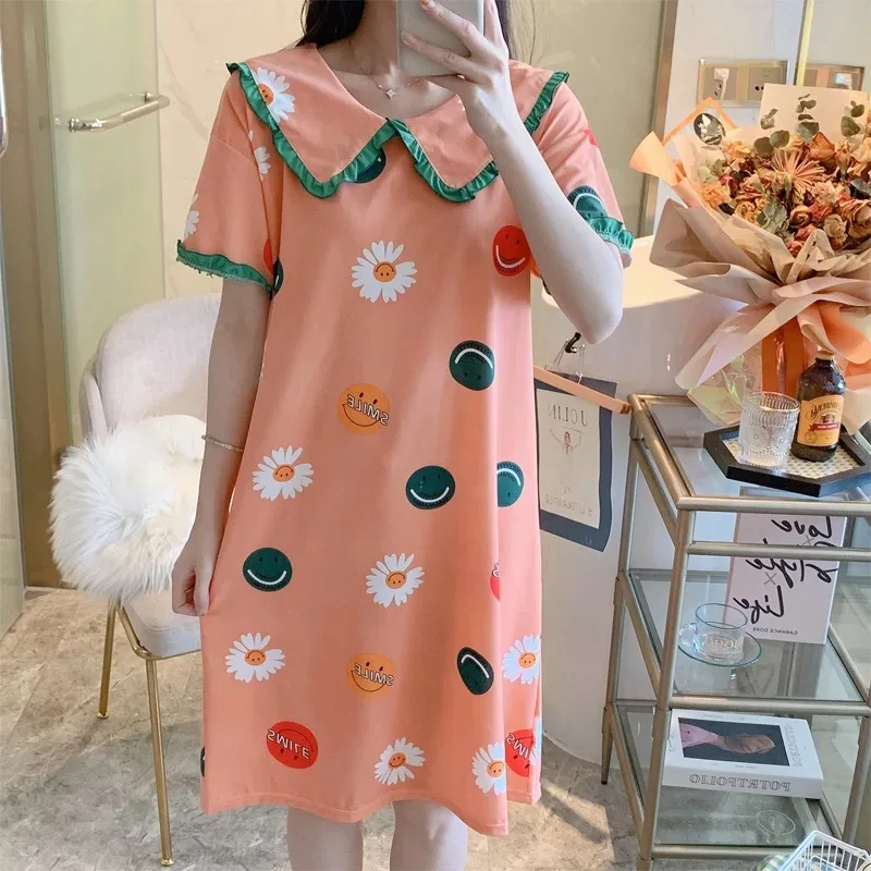 

Nightgowns Women Nightdress Sleepwear Summer Print Flower Sleeing Dress For Girl Home Clothes Night Dress Cute Pajamas