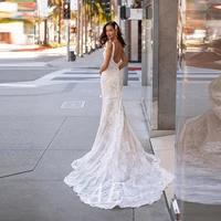 open back elegant sleeveless wedding dress deep v neck boho lace sweep train bohemian mermaid bridal gown vestidos de novia 2022