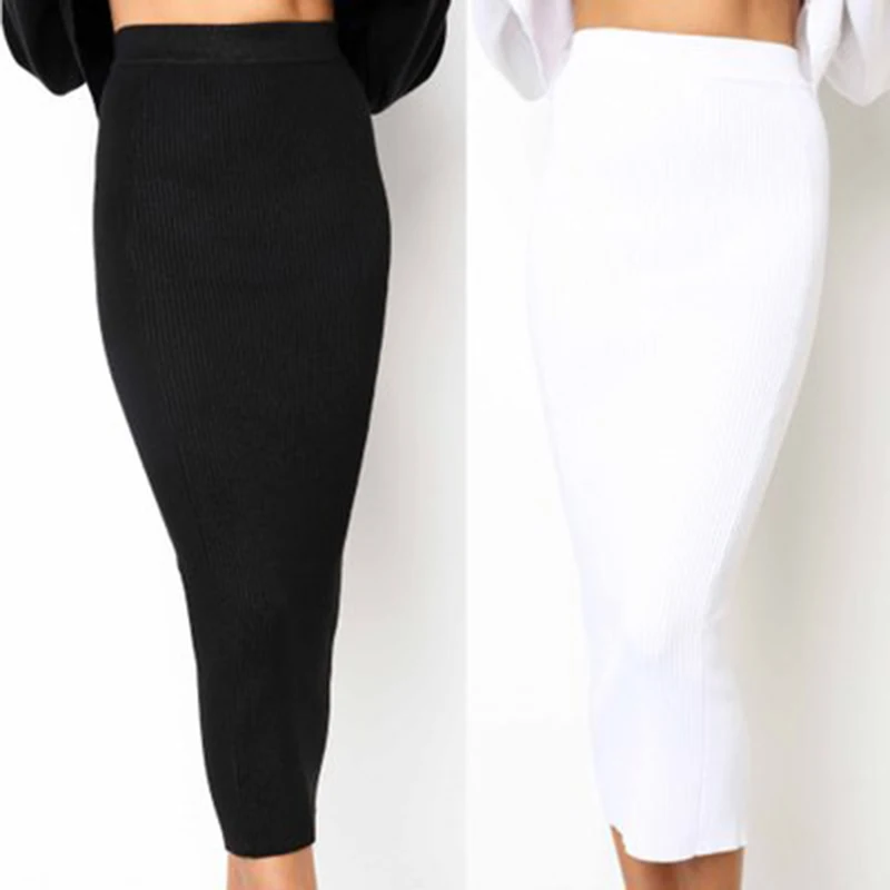 Women Knitted Bodycon Long Skirt Fashion Sexy Black White High Waist Pencil Skirts Female Elastic Skirts Club Wear