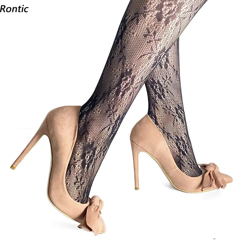 

Rontic Handmade Women Pumps Faux Suede Butterfly Knot Stiletto Heels Pointed Toe Gorgeous Light Pink Party Shoes US Size 5-15