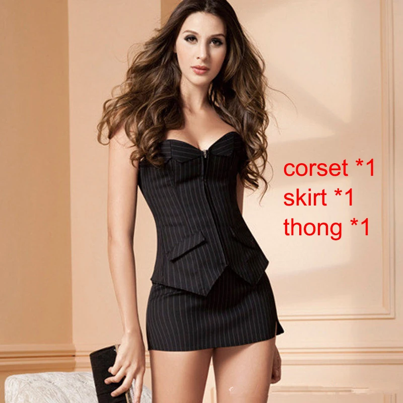 Женский облегающий костюм бюстье черный корсет в полоску с молнией сексуальное