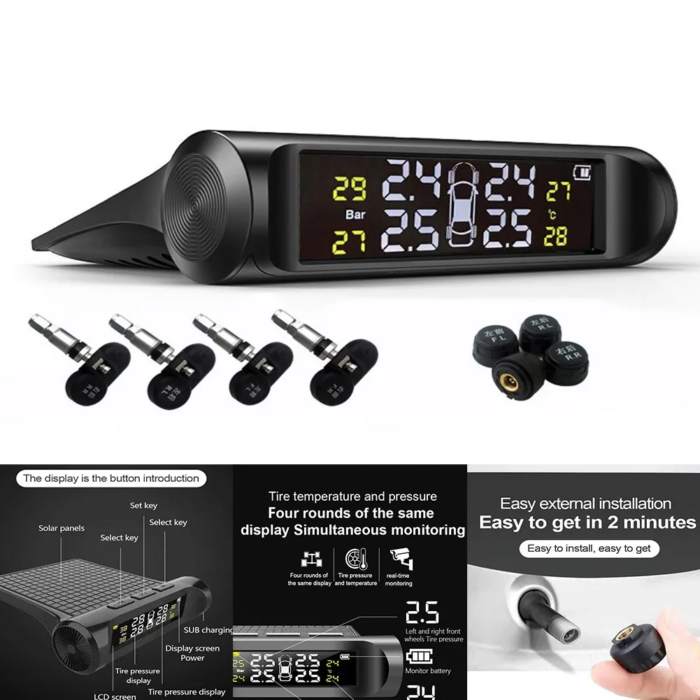 TPMS Car Tire Pressure Monitoring System Solar Wireless LED Display Auto Security Alarm Tire Pressure External Sensor Monitor 2020 car tire pressure alarm tire pressure monitoring truck 8 0bar tpms 6pcs sensor vehicles