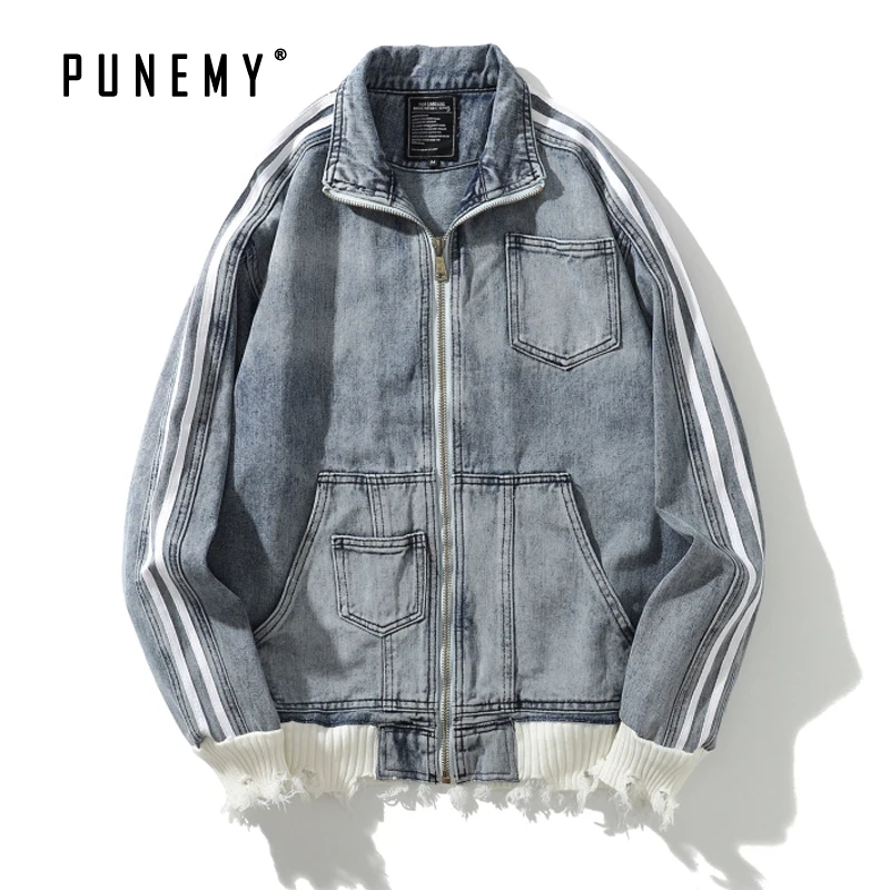 Мужские джинсовые куртки в стиле хип хоп потертые полоску уличная одежда ретро