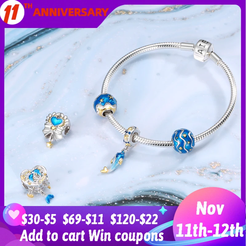 

100% 925 Sterling Silver Dream Ocean Marine Life Charm Exquisite Blue Enamel Beads Fish Shell Fits DIY Bracelet Necklace Jewelry