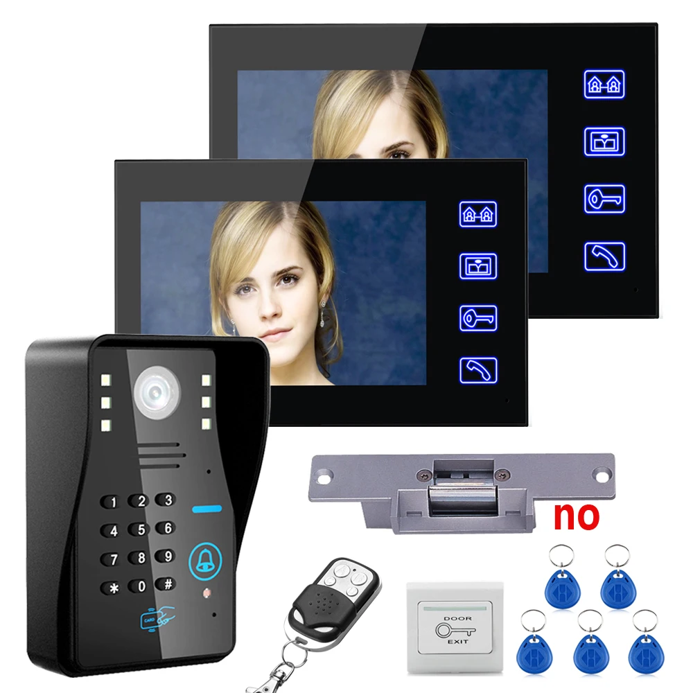 

7" TFT 2 Monitors RFID Password Video Door Phone Intercom System Kit with Electric Strike Lock+ Wireless Remote Control unlock